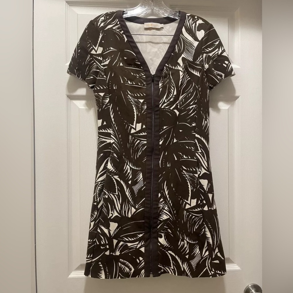 Tory Burch Brown Tropical Printed Dress With Pockets And Front Zipper Size S